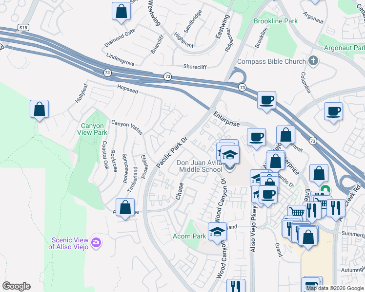 map of restaurants, bars, coffee shops, grocery stores, and more near 7 Coronado Cay Lane in Aliso Viejo