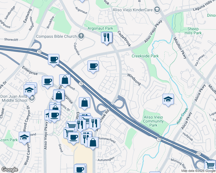 map of restaurants, bars, coffee shops, grocery stores, and more near 5 Windchime in Aliso Viejo