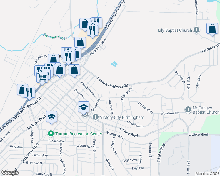 map of restaurants, bars, coffee shops, grocery stores, and more near 1425 Bethel Avenue in Birmingham