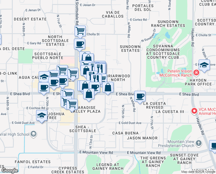map of restaurants, bars, coffee shops, grocery stores, and more near 10757 North 74th Street in Scottsdale