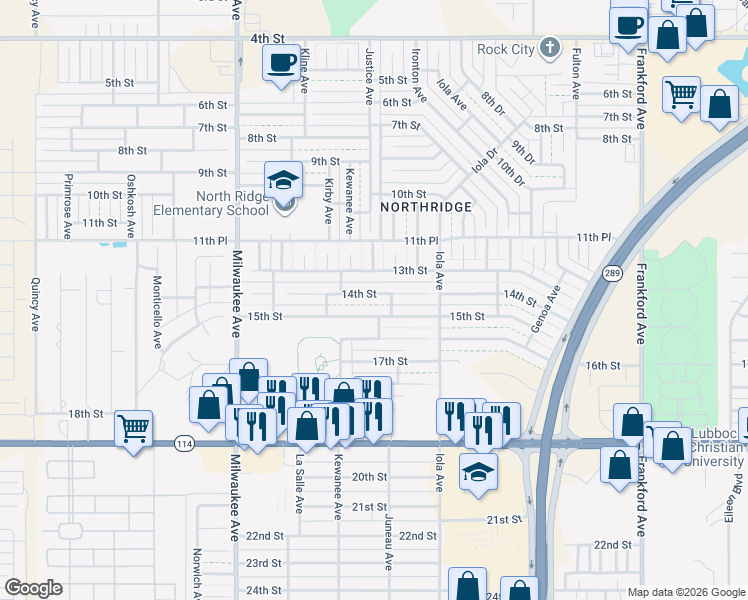 map of restaurants, bars, coffee shops, grocery stores, and more near 6207 14th Street in Lubbock