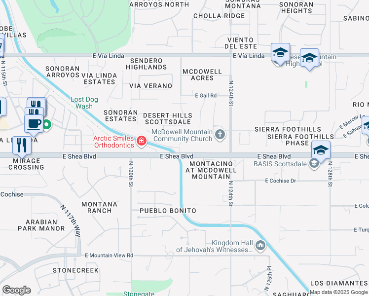 map of restaurants, bars, coffee shops, grocery stores, and more near 10749 North 121st Way in Scottsdale