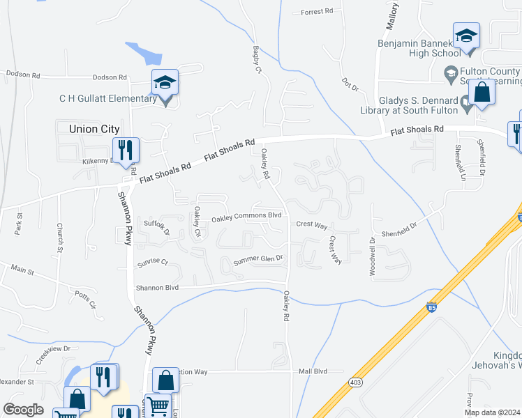 map of restaurants, bars, coffee shops, grocery stores, and more near 5170 Oakley Commons Boulevard in Union City