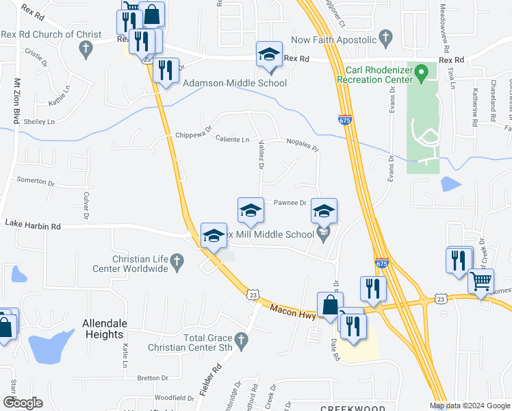 map of restaurants, bars, coffee shops, grocery stores, and more near 6291 Valdez Drive in Rex