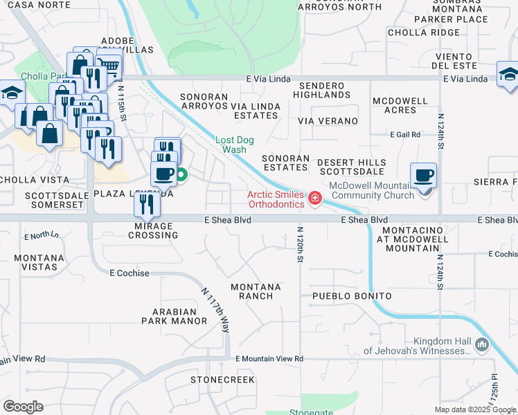 map of restaurants, bars, coffee shops, grocery stores, and more near 10723 North 118th Way in Scottsdale