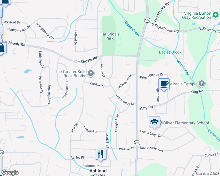 map of restaurants, bars, coffee shops, grocery stores, and more near 6307 Thornhedge Drive in Riverdale