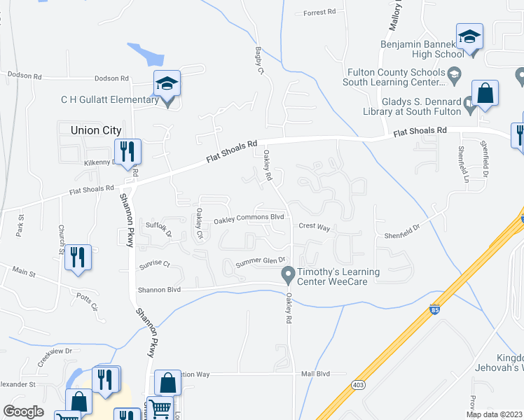 map of restaurants, bars, coffee shops, grocery stores, and more near 5180 Oakley Commons Boulevard in Union City