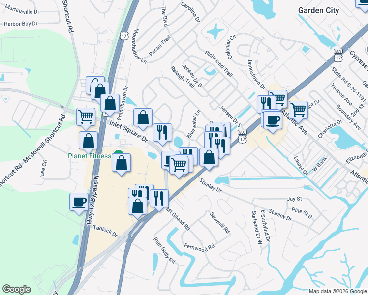 map of restaurants, bars, coffee shops, grocery stores, and more near 23 Shamrock Circle in Murrells Inlet