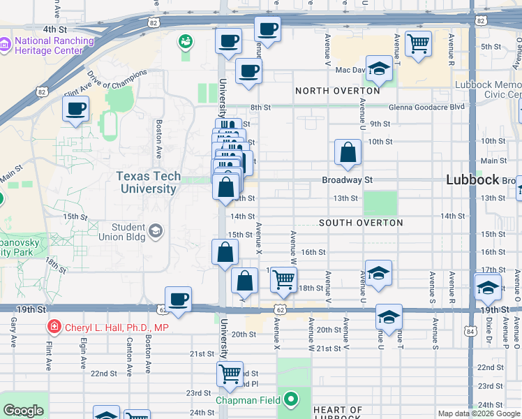 map of restaurants, bars, coffee shops, grocery stores, and more near 1307 Avenue X in Lubbock