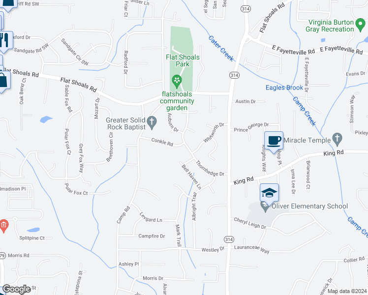 map of restaurants, bars, coffee shops, grocery stores, and more near 6307 Thornhedge Drive in Riverdale