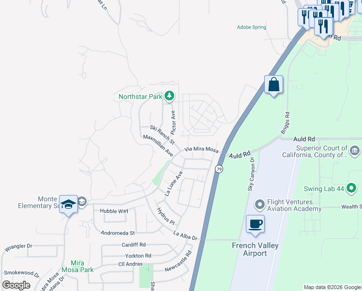 map of restaurants, bars, coffee shops, grocery stores, and more near 36891 Moonbrook Lane in Murrieta