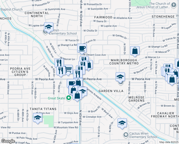map of restaurants, bars, coffee shops, grocery stores, and more near 10639 North 43rd Avenue in Phoenix