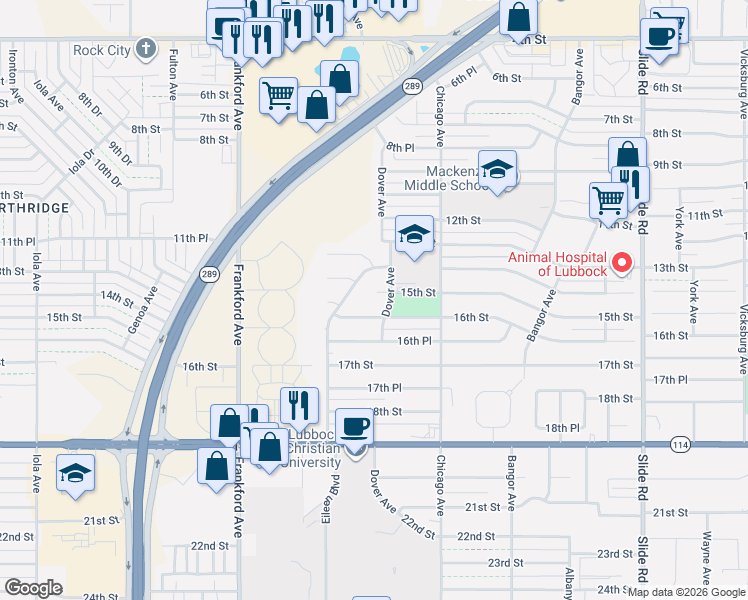map of restaurants, bars, coffee shops, grocery stores, and more near 5606 15th Street in Lubbock