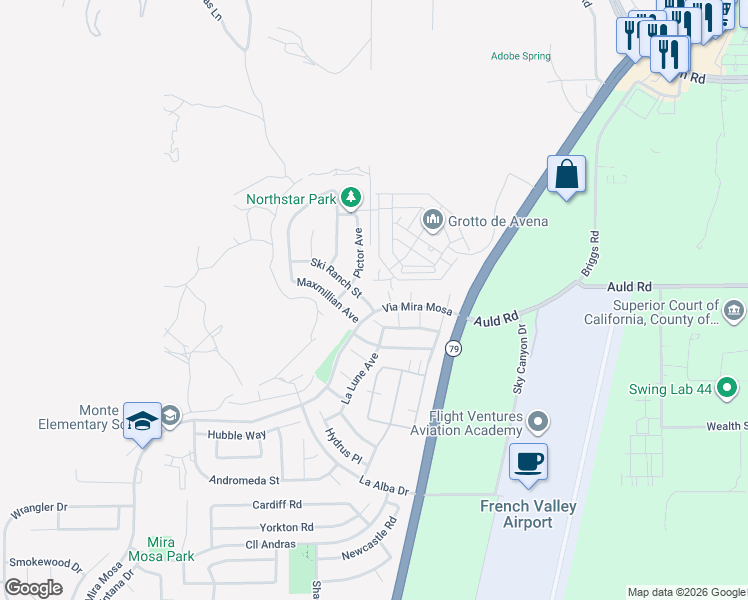 map of restaurants, bars, coffee shops, grocery stores, and more near 29784 Ski Ranch Street in Murrieta