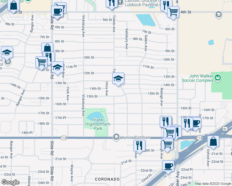 map of restaurants, bars, coffee shops, grocery stores, and more near 4702 15th Street in Lubbock
