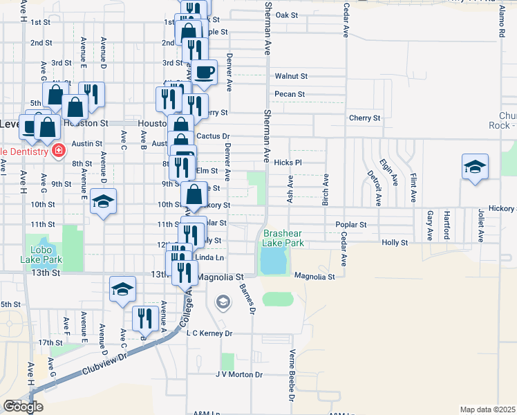 map of restaurants, bars, coffee shops, grocery stores, and more near 1102 Sherman Ave in Levelland