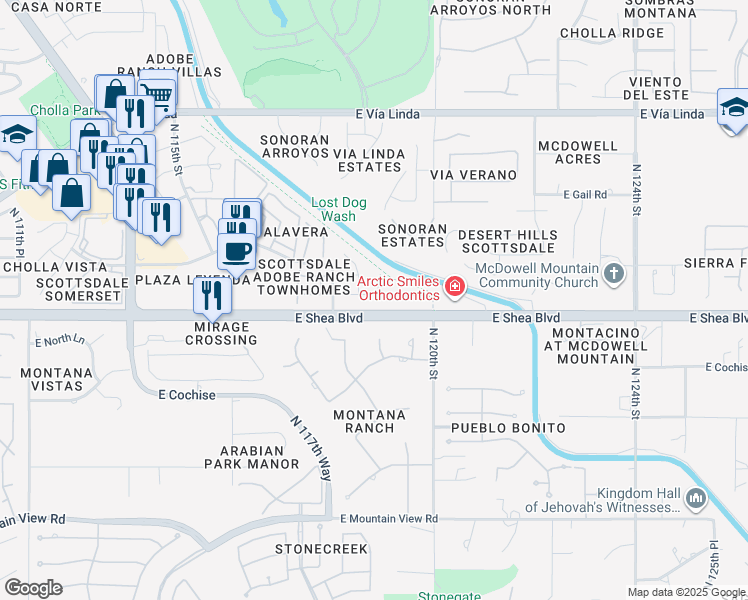 map of restaurants, bars, coffee shops, grocery stores, and more near 10723 North 118th Way in Scottsdale