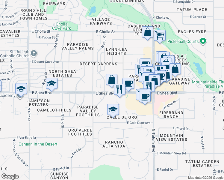 map of restaurants, bars, coffee shops, grocery stores, and more near 4507 East Becker Lane in Phoenix