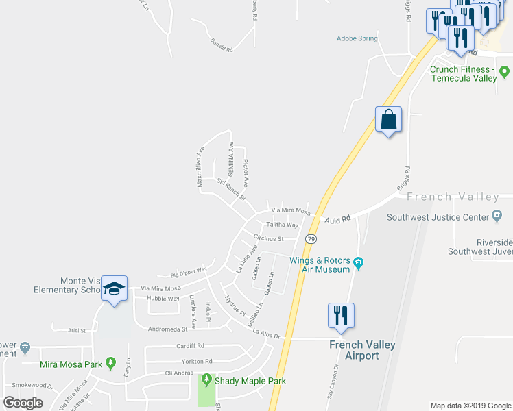 map of restaurants, bars, coffee shops, grocery stores, and more near 36891 Moonbrook Lane in Murrieta