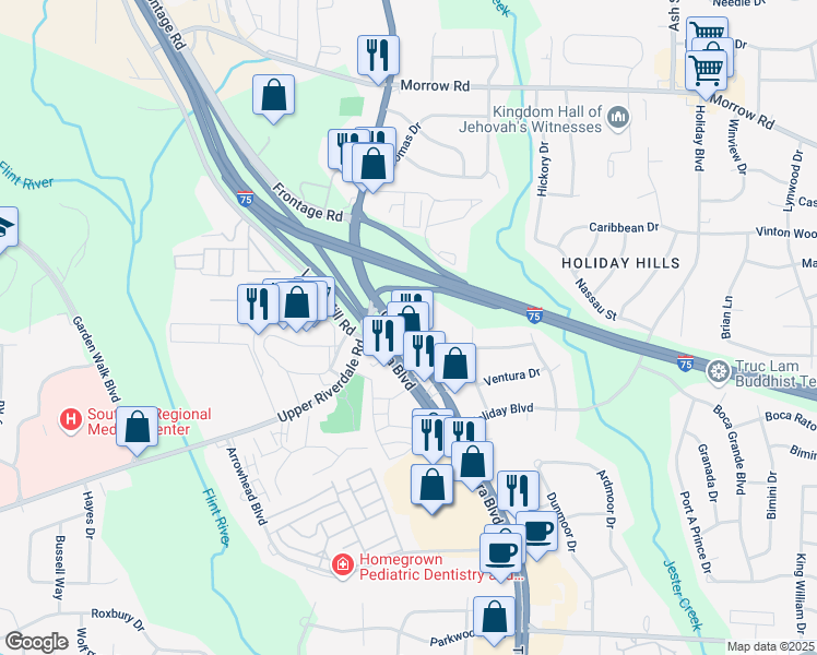 map of restaurants, bars, coffee shops, grocery stores, and more near 6294 Old Dixie Highway in Jonesboro
