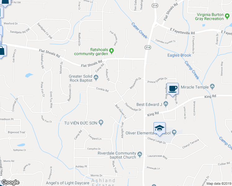 map of restaurants, bars, coffee shops, grocery stores, and more near 6307 Thornhedge Drive in Riverdale