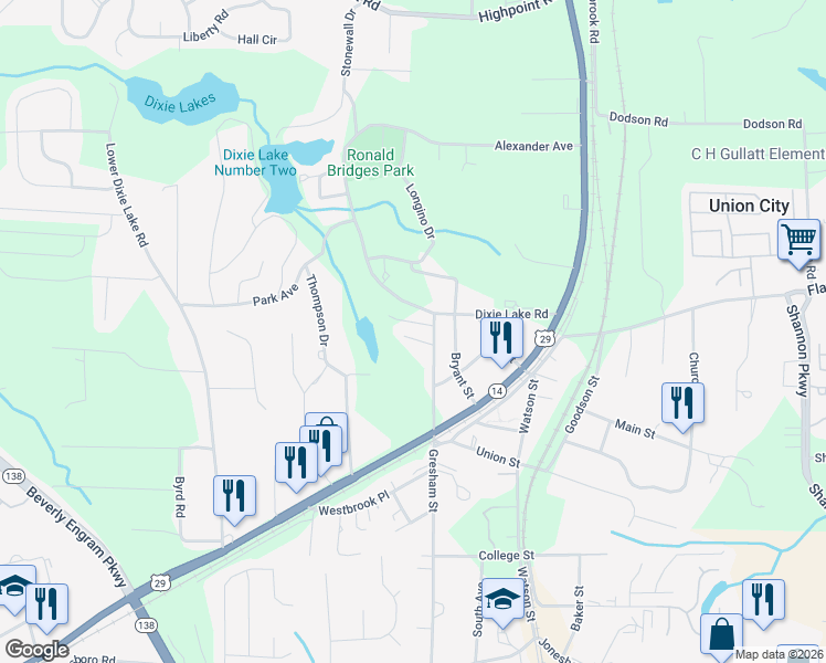 map of restaurants, bars, coffee shops, grocery stores, and more near 6315 Gresham Street in Union City
