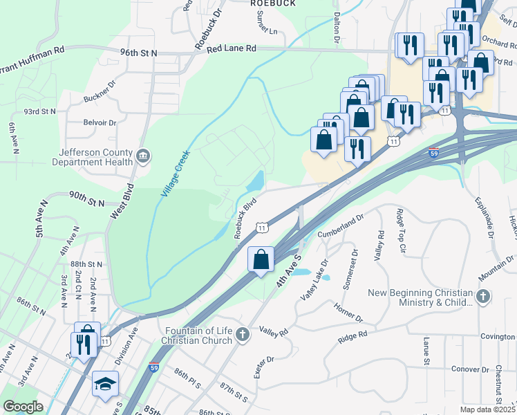 map of restaurants, bars, coffee shops, grocery stores, and more near 8920 Roebuck Boulevard in Birmingham