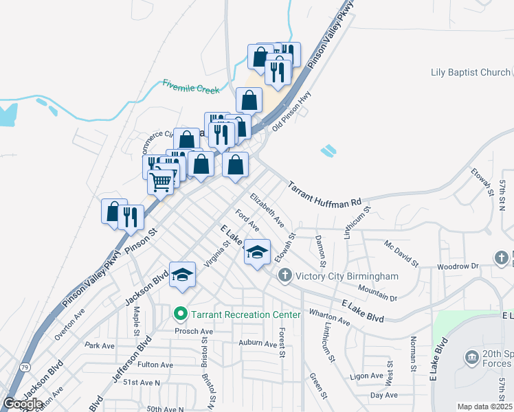 map of restaurants, bars, coffee shops, grocery stores, and more near 1812 Virginia Street in Birmingham