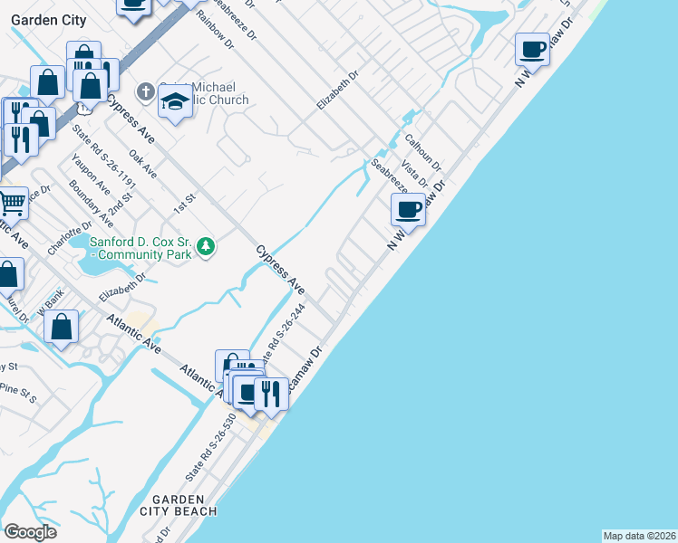 map of restaurants, bars, coffee shops, grocery stores, and more near 113 Crab Lane in Murrells Inlet