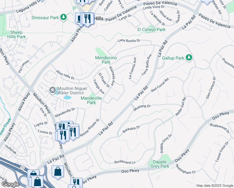map of restaurants, bars, coffee shops, grocery stores, and more near 24912 Zumaya Court in Laguna Hills
