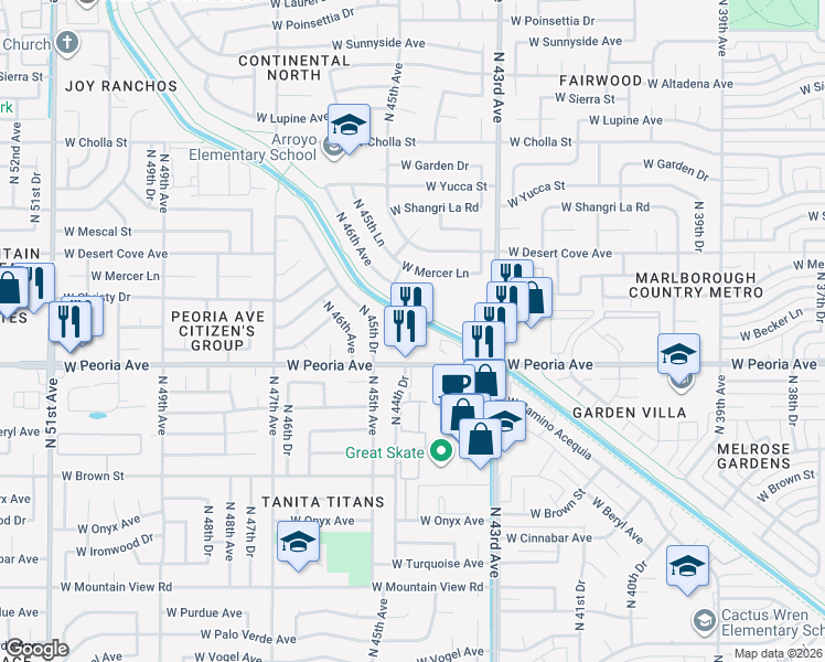 map of restaurants, bars, coffee shops, grocery stores, and more near 4494 West Peoria Avenue in Glendale