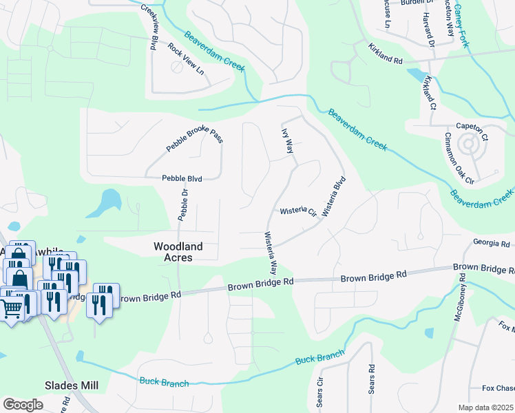 map of restaurants, bars, coffee shops, grocery stores, and more near 95 Wisteria Way in Covington