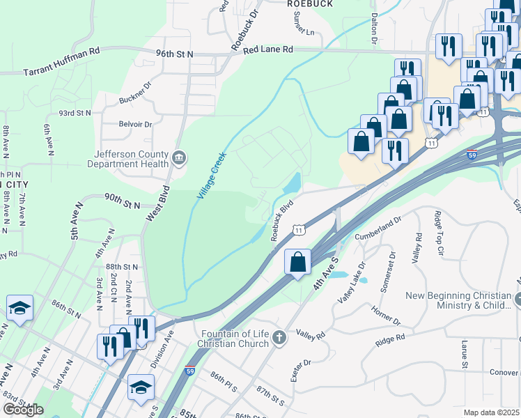 map of restaurants, bars, coffee shops, grocery stores, and more near 8920 Roebuck Boulevard in Birmingham