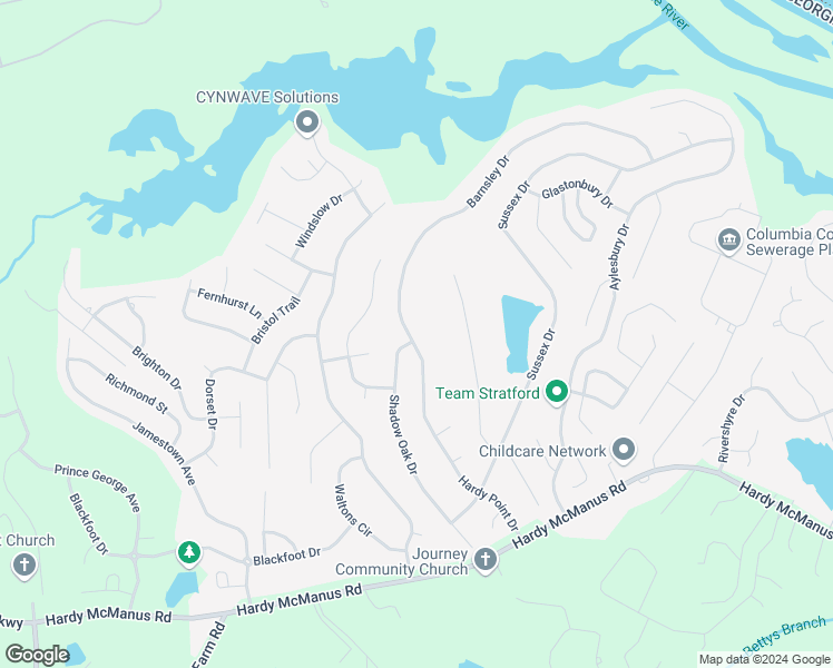 map of restaurants, bars, coffee shops, grocery stores, and more near 397 Barnsley Drive in Evans