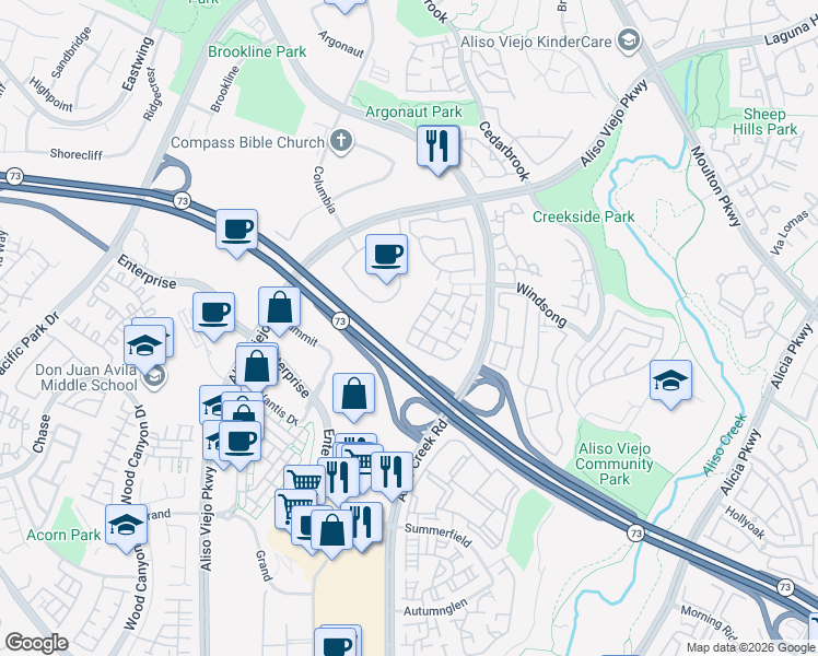 map of restaurants, bars, coffee shops, grocery stores, and more near 3 Polaris Way in Aliso Viejo