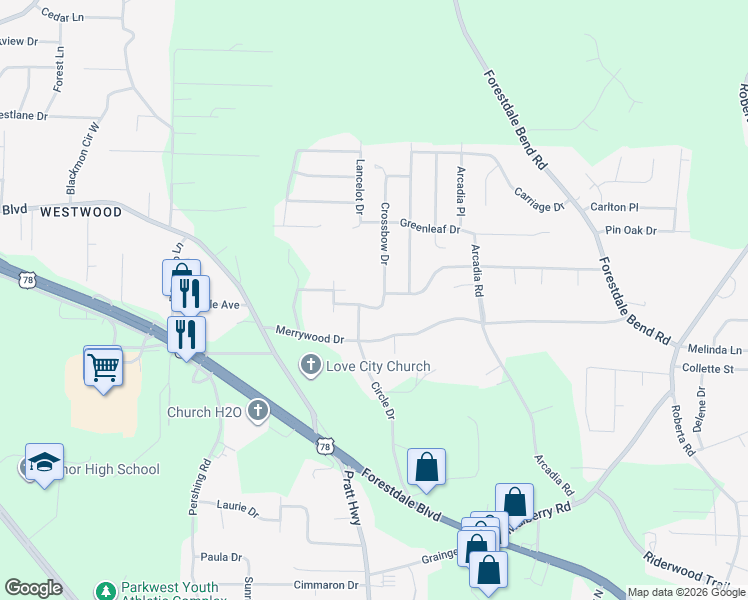 map of restaurants, bars, coffee shops, grocery stores, and more near 102 Merrywood Circle in Birmingham