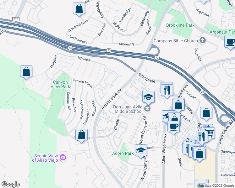 map of restaurants, bars, coffee shops, grocery stores, and more near Pacific Park Dr & Coronado Cay Ln in Aliso Viejo