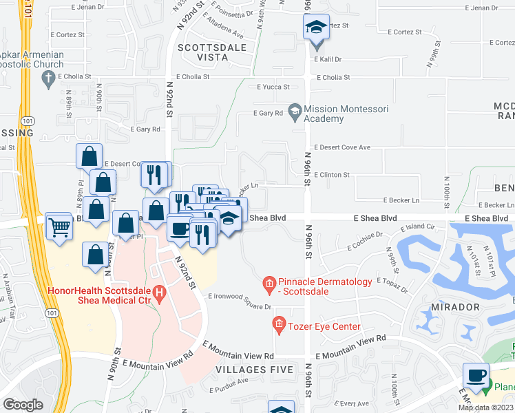 map of restaurants, bars, coffee shops, grocery stores, and more near 9451 East Becker Lane in Scottsdale