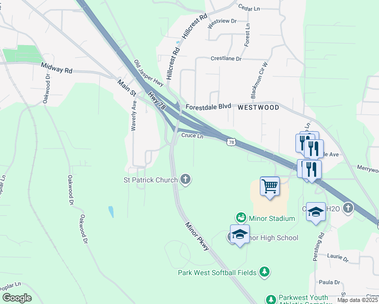 map of restaurants, bars, coffee shops, grocery stores, and more near 1121 Hayes Road in Adamsville