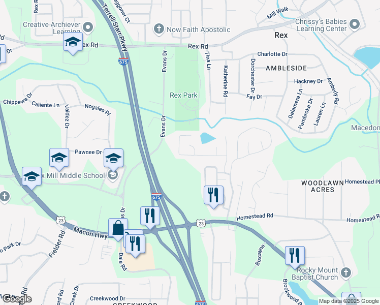 map of restaurants, bars, coffee shops, grocery stores, and more near 3494 Creekview Drive in Rex