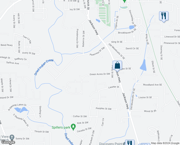 map of restaurants, bars, coffee shops, grocery stores, and more near 6218 Green Acres Drive Southwest in Covington