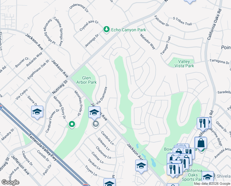 map of restaurants, bars, coffee shops, grocery stores, and more near 40213 Colony Drive in Murrieta