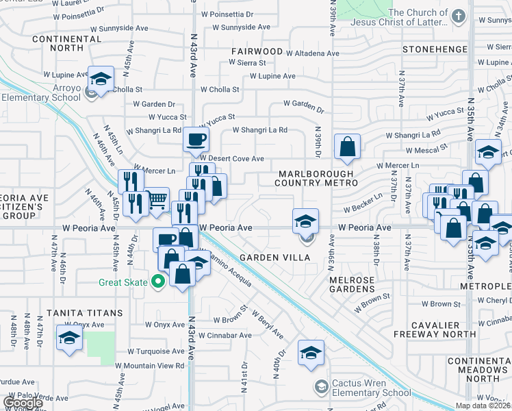map of restaurants, bars, coffee shops, grocery stores, and more near 2045 North 41st Avenue in Phoenix