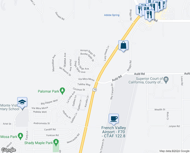 map of restaurants, bars, coffee shops, grocery stores, and more near 36900 Capricious Lane in Murrieta