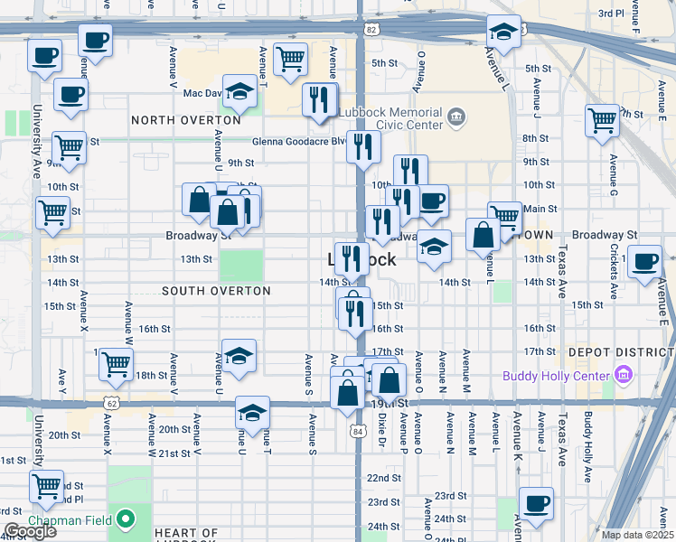 map of restaurants, bars, coffee shops, grocery stores, and more near 1305 Avenue R in Lubbock