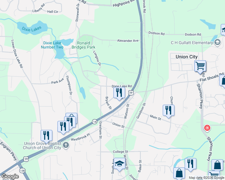 map of restaurants, bars, coffee shops, grocery stores, and more near 5064 Dixie Lake Road in Union City