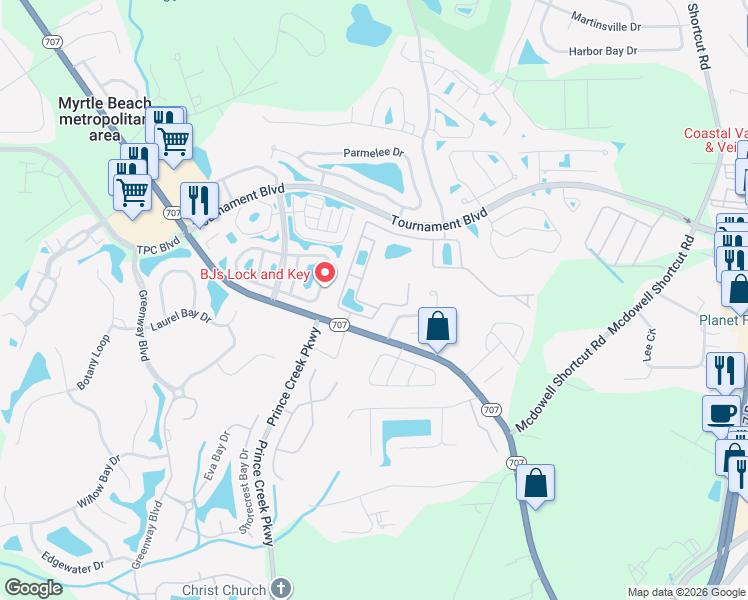 map of restaurants, bars, coffee shops, grocery stores, and more near 400 Woodpecker Lane in Murrells Inlet