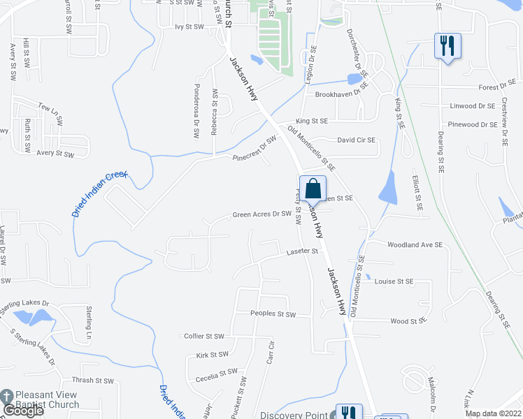 map of restaurants, bars, coffee shops, grocery stores, and more near 6162 Green Acres Drive Southwest in Covington