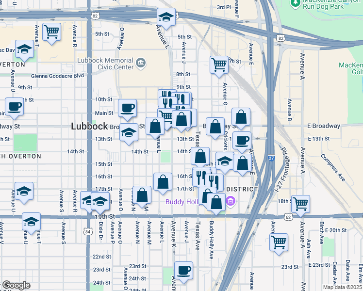 map of restaurants, bars, coffee shops, grocery stores, and more near 1101 13th Street in Lubbock