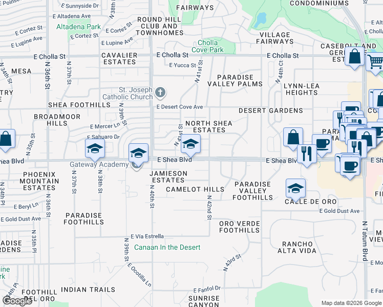 map of restaurants, bars, coffee shops, grocery stores, and more near 4108 East Hancock Drive in Phoenix